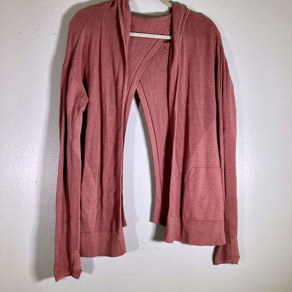 Lululemon Open Front Hooded Cardigan Pink Mesh Knit Back Overlay Thumbholes